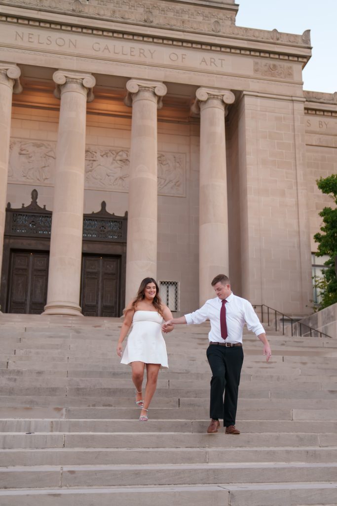Engaged couple, engagement photos, nelson Atkins museum, Kansas City, walking with your love